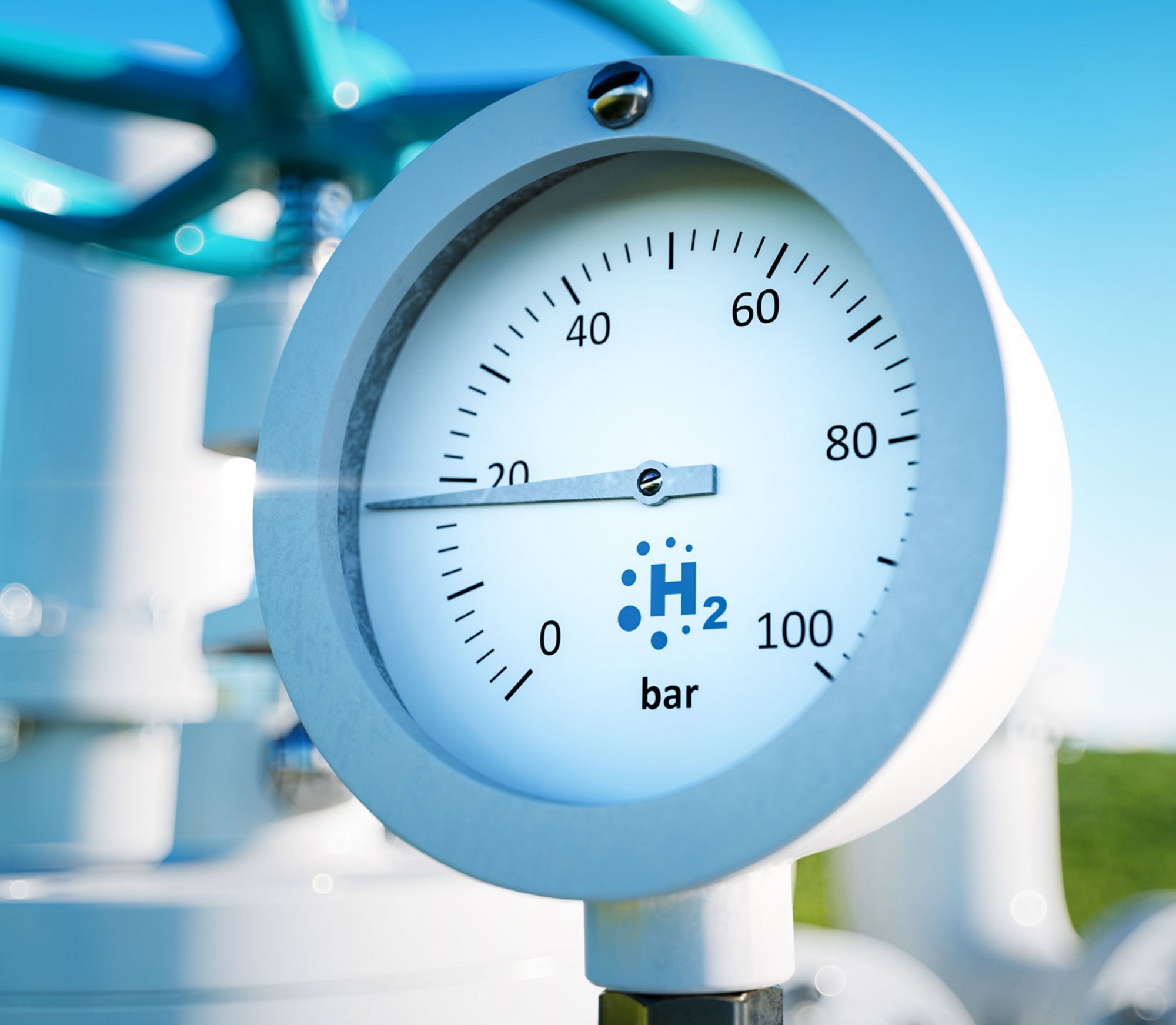 Close up of a manometer with a hydrogen pipe in the background. 3d rendering.