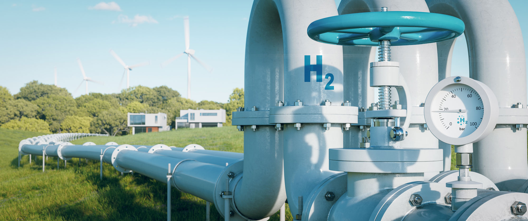  Eine Wasserstoffpipeline zu Häusern, die den Wandel des Energiesektors hin zu sauberen, CO2-neutralen, sicheren und unabhängigen Energiequellen veranschaulicht, um Erdgas in Häusern zu ersetzen.